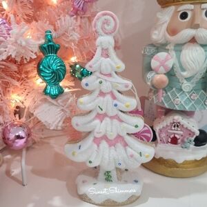PEPPERMINT SQUARE Pink Gingerbread Cookie Tree Icing Frosted Sugared Figure 9.5"